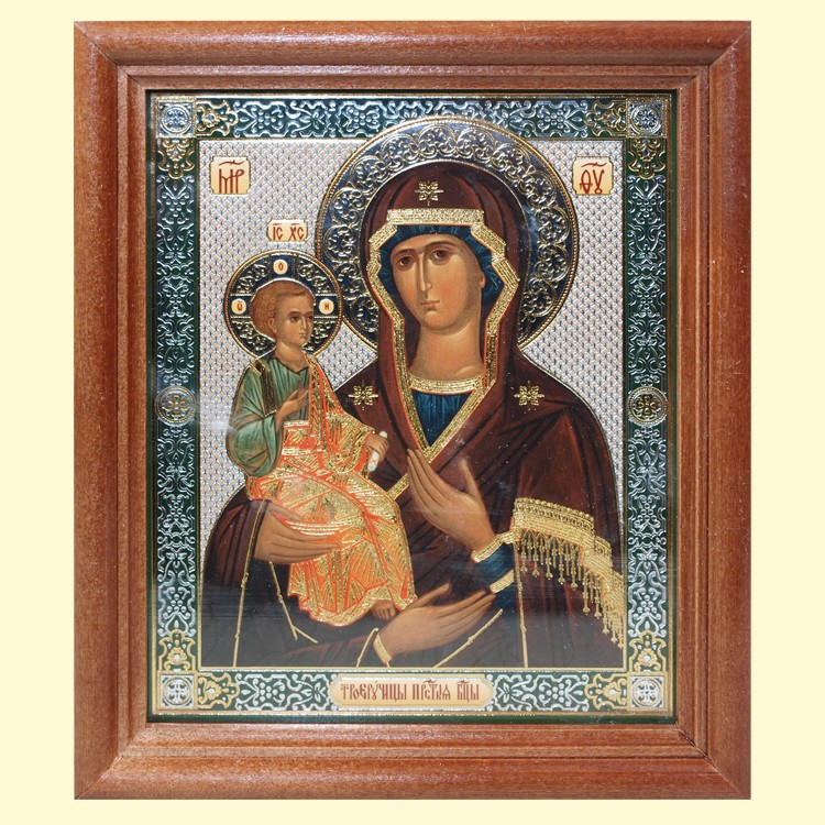 El icono de "Troeruchitsa" el marco de madera, la estampacion doble, bajo el cristal, 13x15 cm
