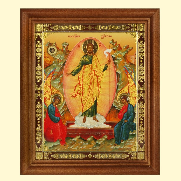 El icono "el Renacimiento de Jesucristo" el marco de madera, la estampacion doble, en el papel de re
