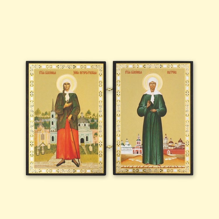 El icono-skladen doble "Ksenia Peterburzhsky y la Matrona", 9x13 cm, el arbol, la estampacion doble