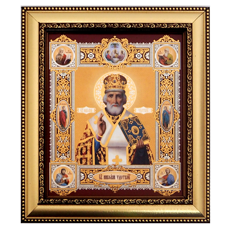 Икона "Николай чудотворец", на золотом фоне, в раме, 23 х 20 см