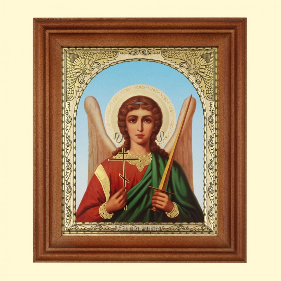 El icono "el Angel el Custodio" el marco de madera, la estampacion doble, 13 x 15 cm