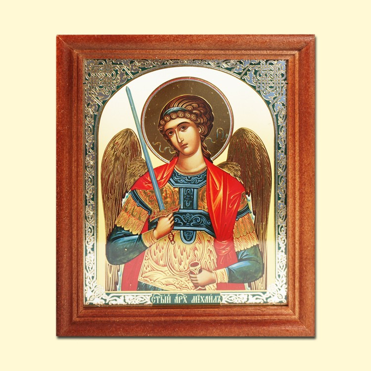 El icono "el Arcangel Mijail" el marco de madera, la estampacion doble, zonal, 13 x 15 cm