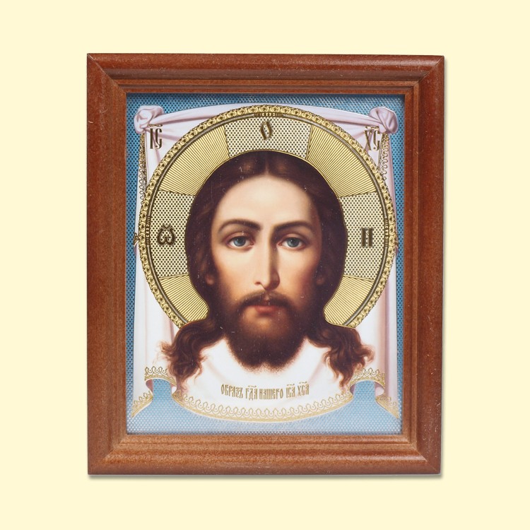 Икона "Спас Нерукотворный" деревянная рама, двойное тиснение, под стеклом, 13 x 15 см