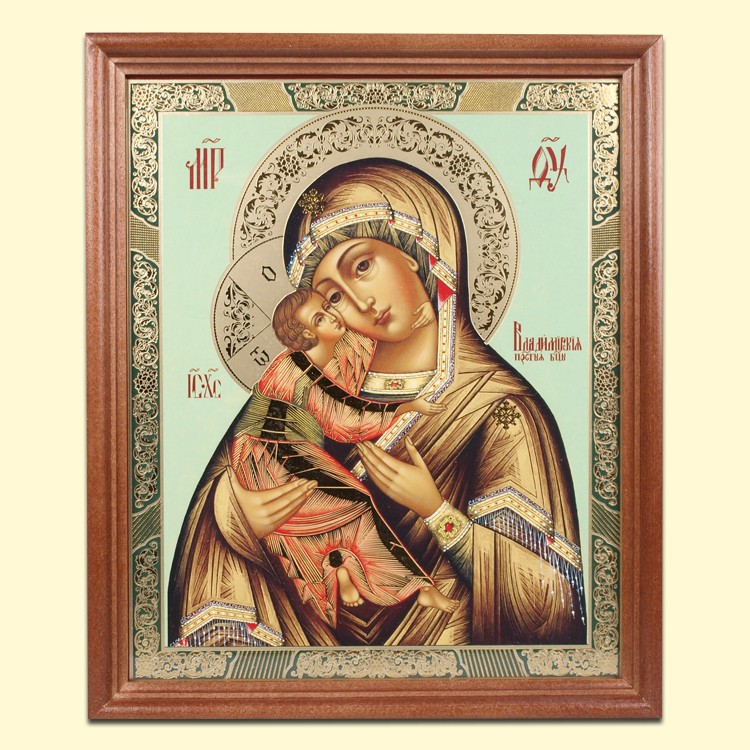 El icono el marco "De Vladimir" de madera, bajo el cristal, 20 x 24 cm