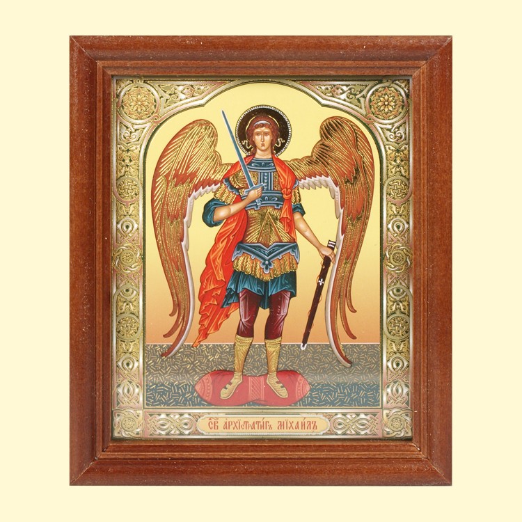 El icono "el Arcangel Mijail" el marco de madera, la estampacion doble, bajo el cristal, 13 x 15 cm