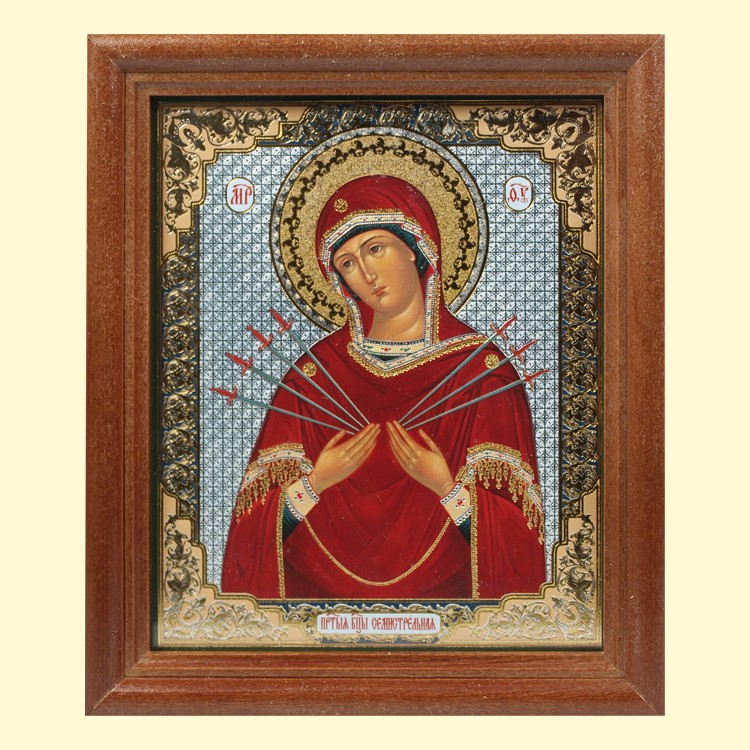 El icono De "Semistrelnaya" el marco de madera, la estampacion doble, bajo el cristal, 13 x 15 cm